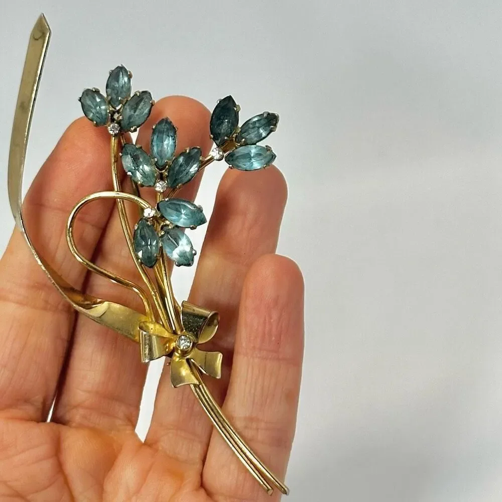 Coro Sterling silver craft gold plated and blue flower rhinestone vintage brooch